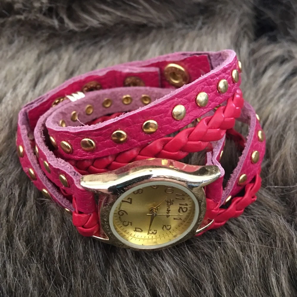 Geneva red braided leather wrap bracelet watch
